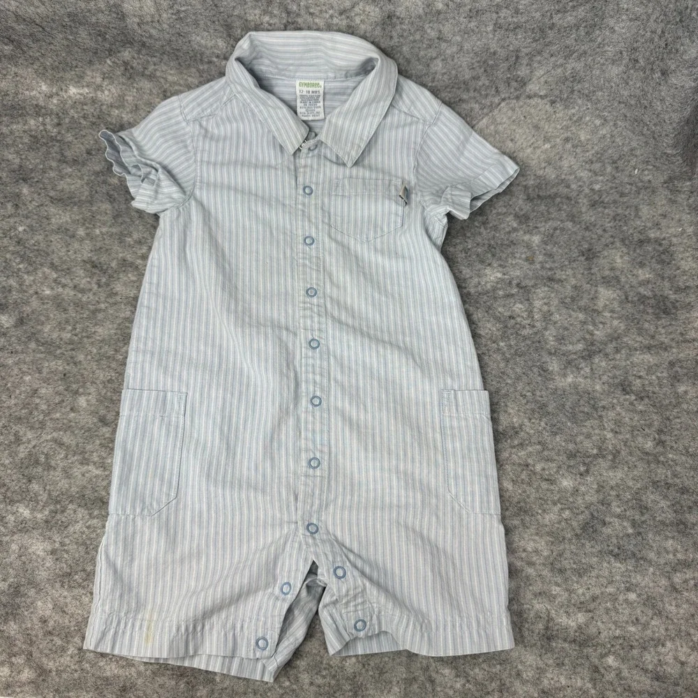 VTG Gymboree Romper Infant Boys 12-18 Months Blue Striped Snaps Baby One Piece